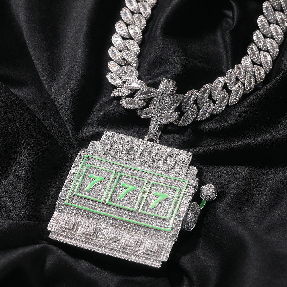 Iced 777 Slot Machine Pendant Necklace with Twisted Chain for Women and Men