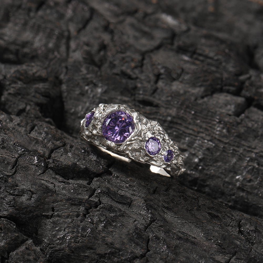 Men’s Irregular Silver Ring with Purple Cubic Zirconia – Hip Hop Statement Open Band product image