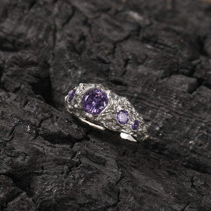 Men’s Irregular Silver Ring with Purple Cubic Zirconia – Hip Hop Statement Open Band