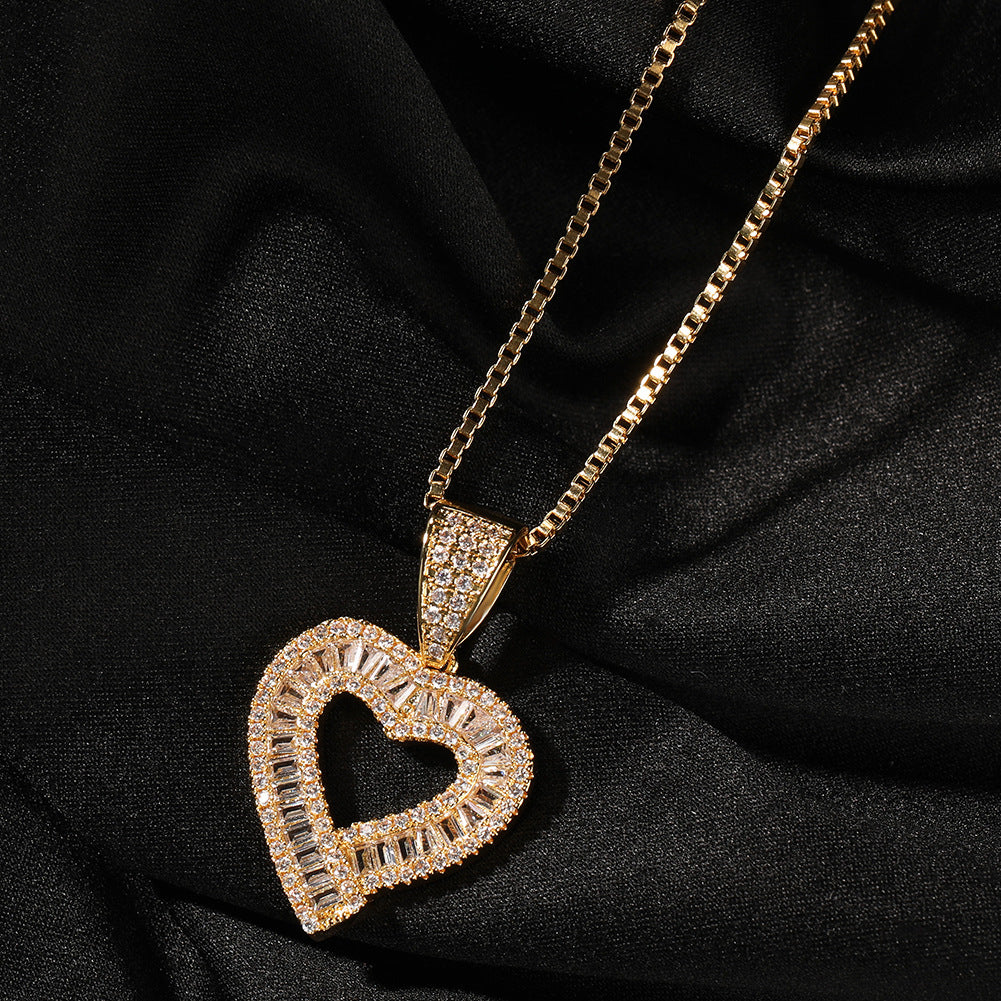 Iced Heart Pendant Necklace with Zircon Stones, 24 Inch 3mm Rope Chain, Hip Hop Copper Necklace for Women & Men