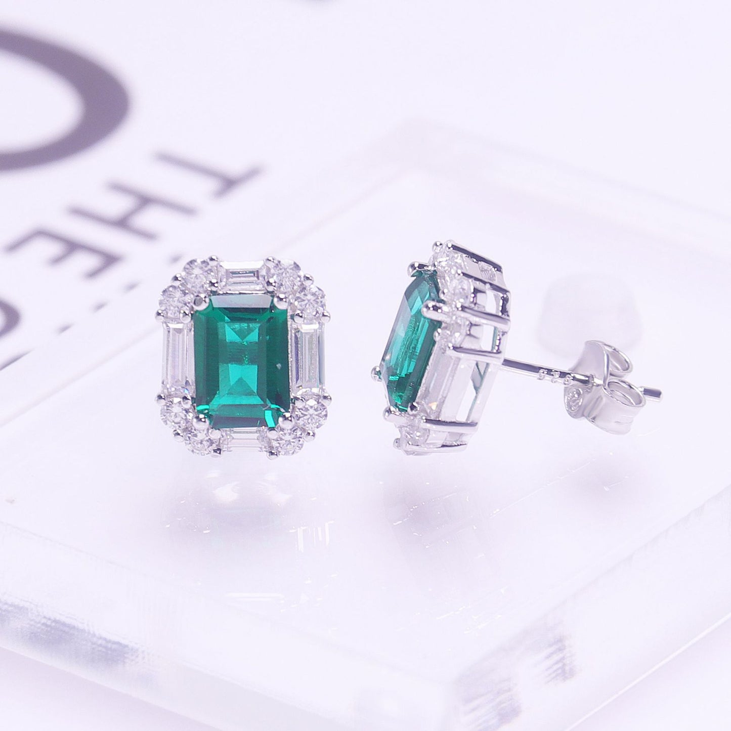 Lab-Created Emerald Green Octagon Stud Earrings with Clear Accents product image