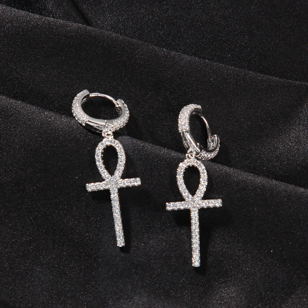 Unisex Ankh Cross Drop Earrings with Cubic Zirconia in Gold, Silver, and Rose Gold