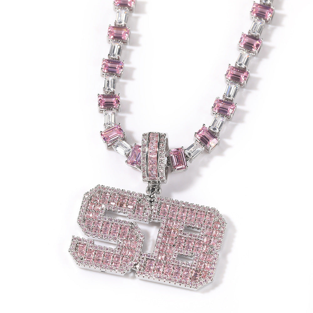Personalized Pink Cubic Zirconia Letter Pendant Necklace for Women - Silver Plated Hip Hop Chain, Custom 1-10 Initials, 16 Inch Statement Jewelry
