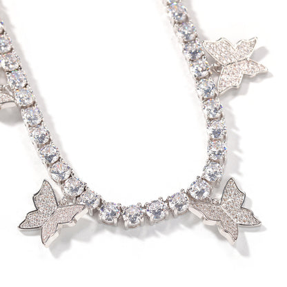 Butterfly Cubic Zirconia Tennis Chain Necklace for Women & Men – Silver, Pink or Gold Plated Statement Pendant Necklace