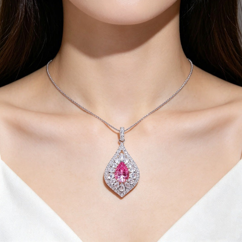 Pear Cut Moissanite Halo Pendant Necklace for Women, Teardrop Pavé Statement Necklace, Pink Center Stone Jewelry Gift product image