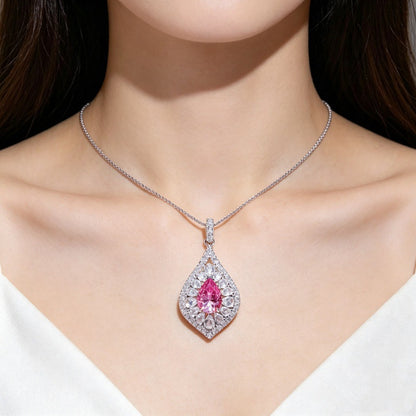 Pear Cut Moissanite Halo Pendant Necklace for Women, Teardrop Pavé Statement Necklace, Pink Center Stone Jewelry Gift