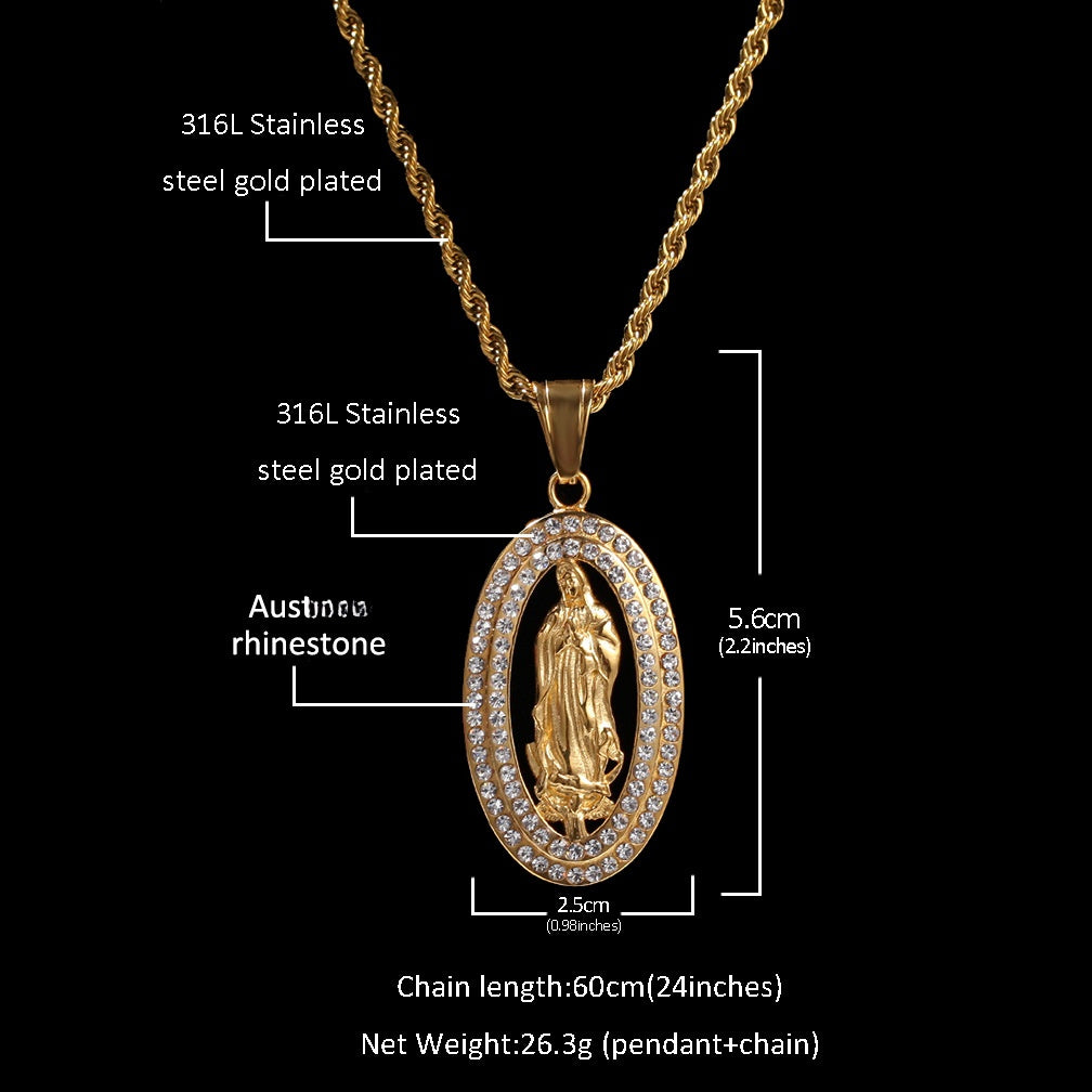 Gold Stainless Steel Virgin Mary Pendant Necklace with Cubic Zirconia Iced Out Rope or Cuban Chain