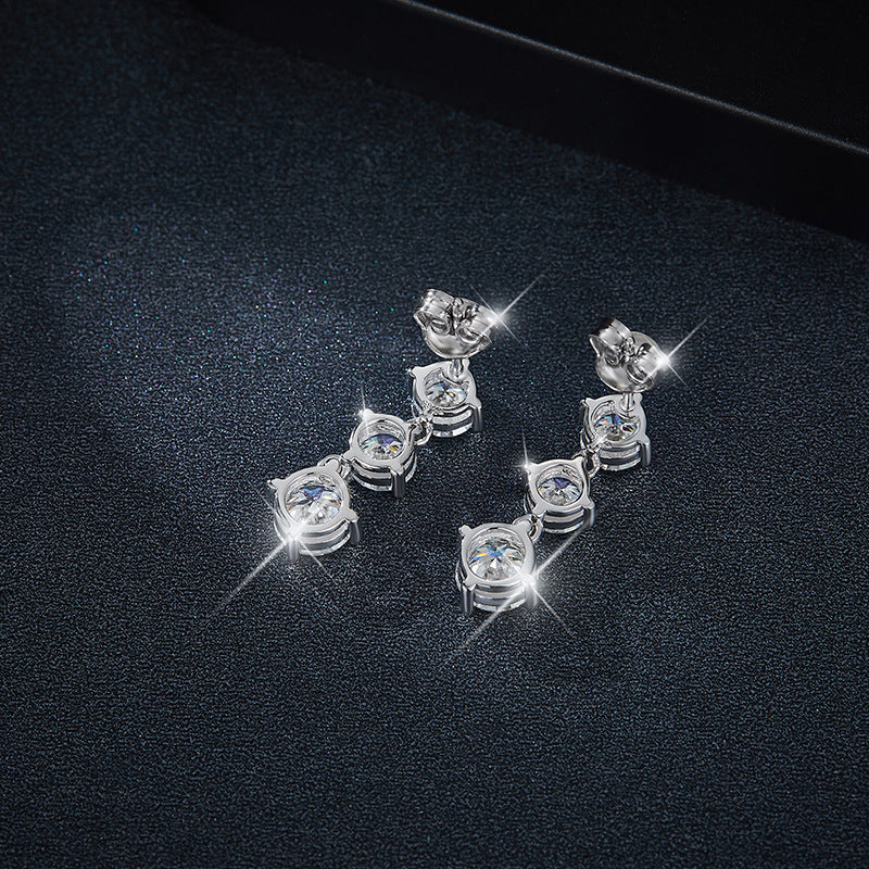 925 Silver Moissanite Three-Stone Drop Earrings, 6.0mm Prong-Set Stud Design product image