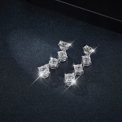925 Silver Moissanite Three-Stone Drop Earrings, 6.0mm Prong-Set Stud Design