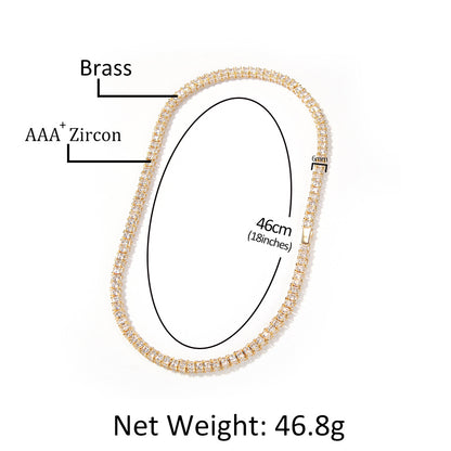 Unisex Triple-Sided Cubic Zirconia Tennis Chain Necklace in Gold Plated or Silver Plated Copper, 16 Inch & 18 Inch Statement Pendant Chain