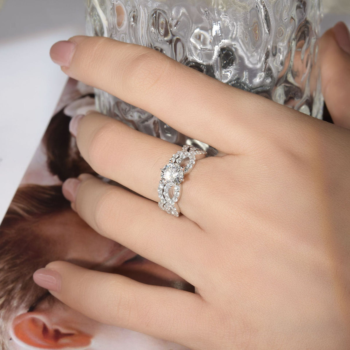 Round Moissanite Solitaire Wave Stackable Engagement Ring Set product image