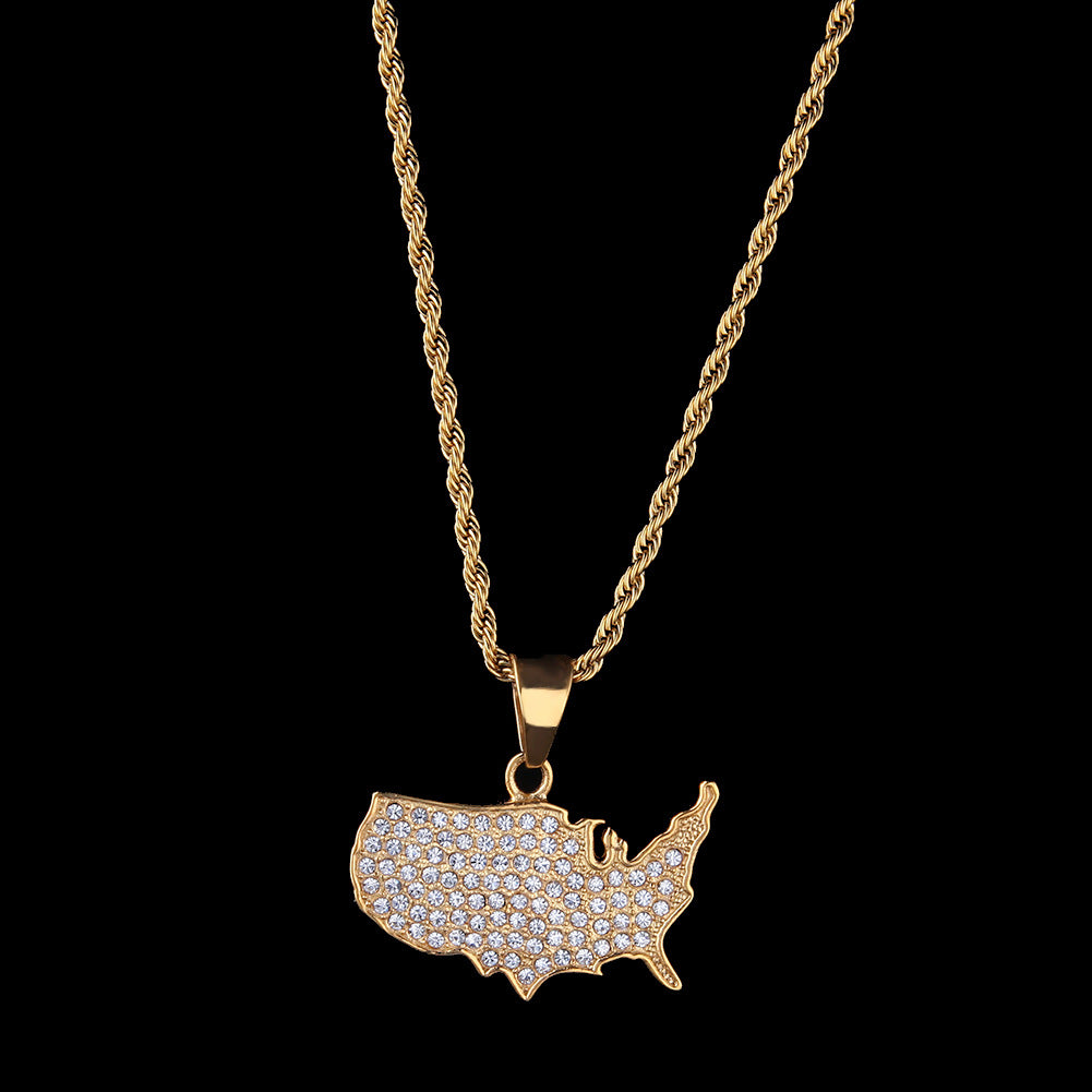 Men’s Gold Tone USA Map Pendant Necklace - Iced Out Stainless Steel Rope Chain Statement Necklace