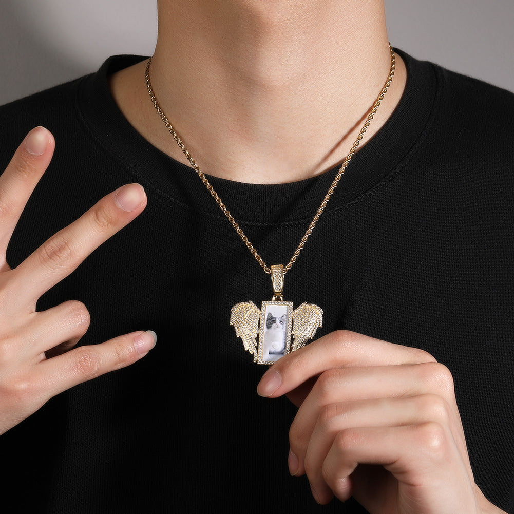 Iced Wing Photo Pendant Necklace with Cuban Twist Chain for Women & Men
