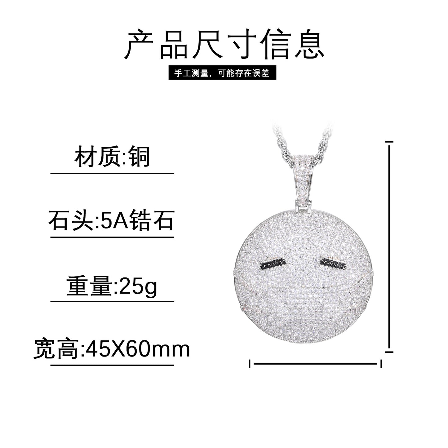 Emoji Face Hip Hop Pendant Necklace, Iced Out Zircon Charm, Rope Chain Style product image