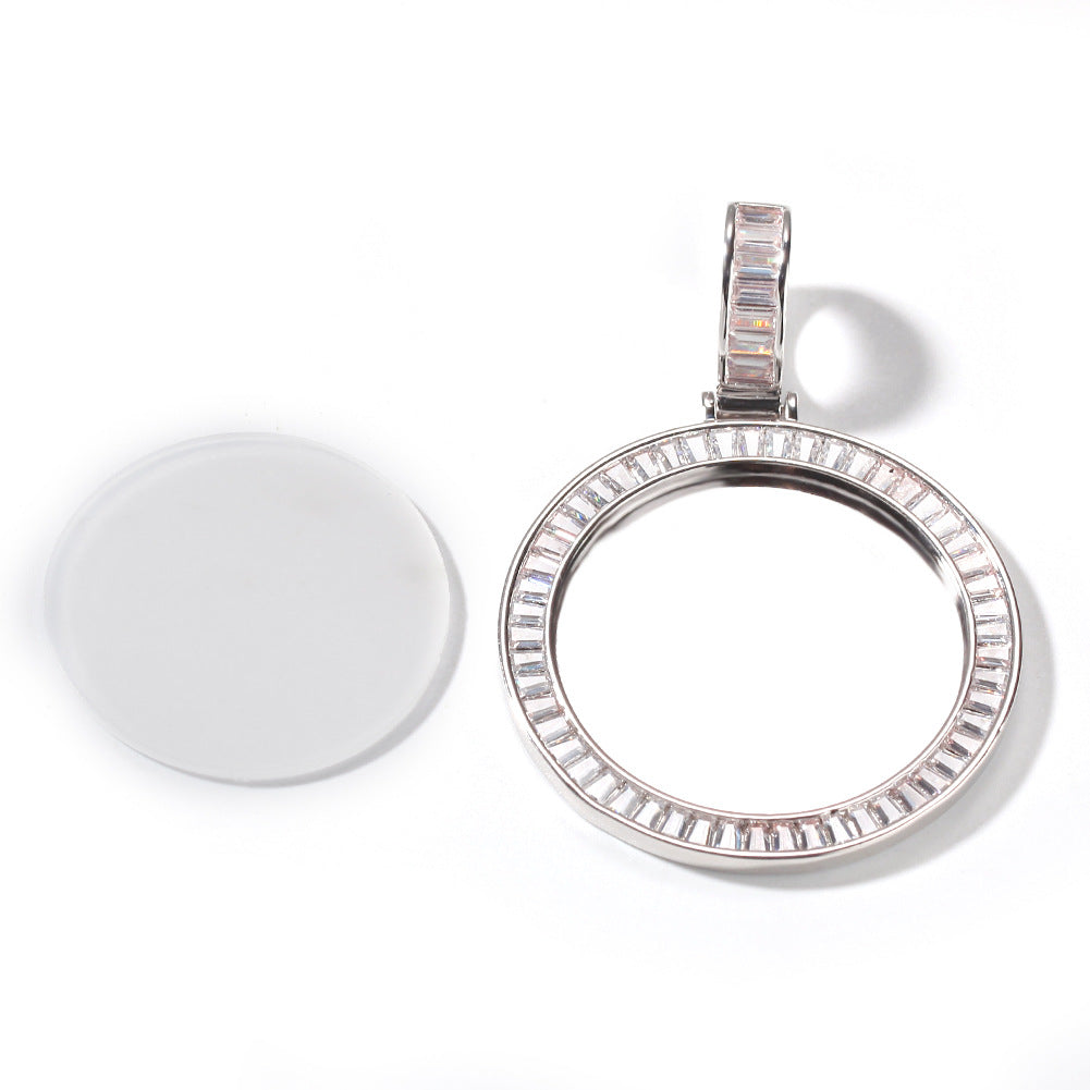 Unisex Hip Hop Round Photo Pendant Necklace with Cubic Zirconia Rope Chain in Gold, Silver & Rose Gold