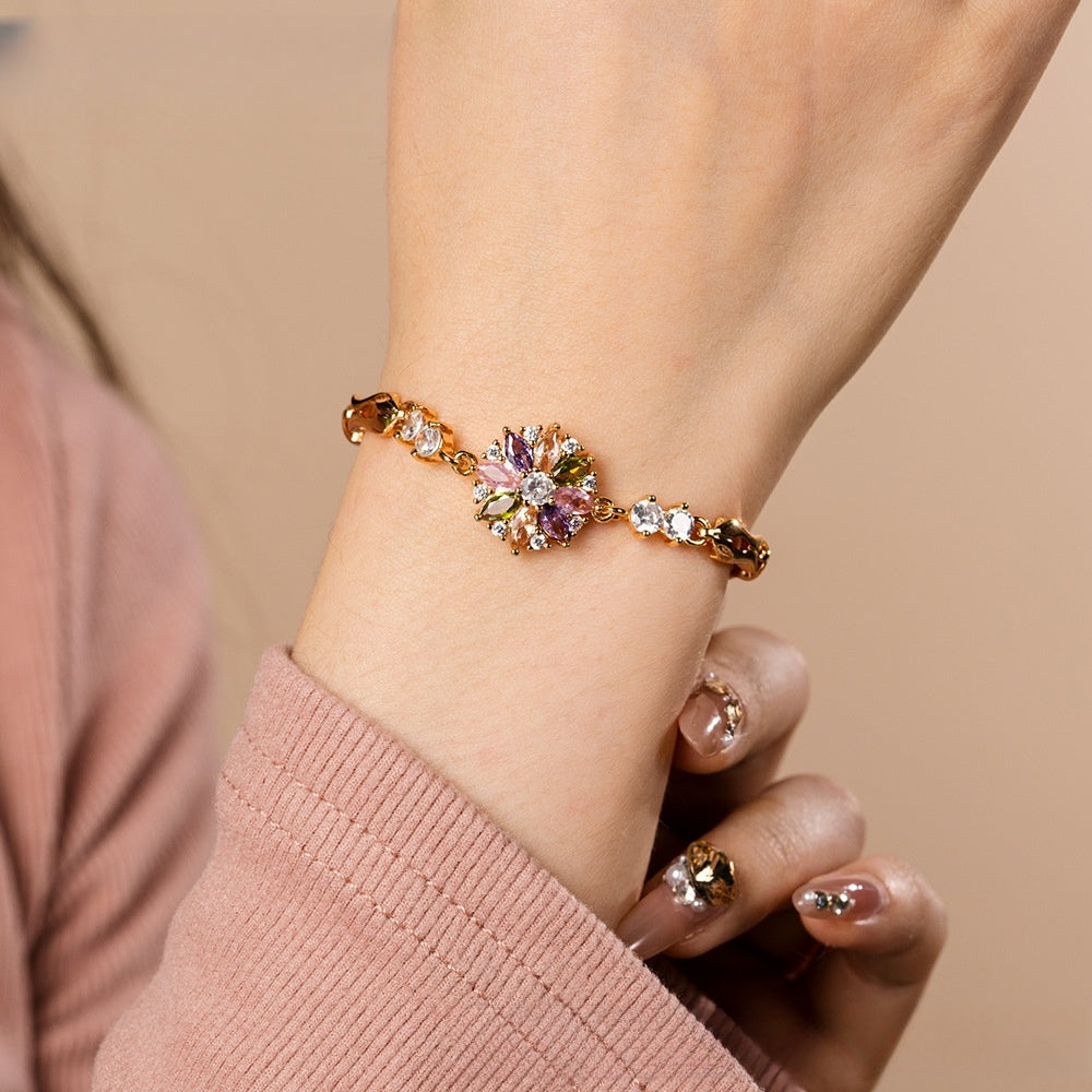 Elegant Gold Plated Crystal Flower Chain Bracelet for Women and Men