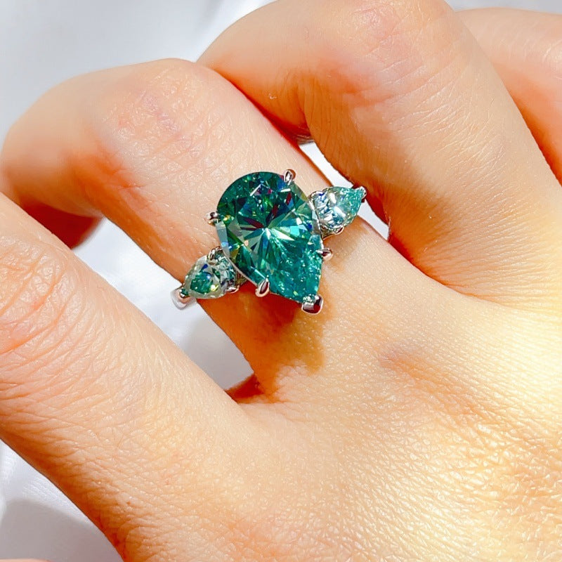 Green Pear Cut Moissanite Ring for Women, 6 Carat Three Stone Engagement Ring product image