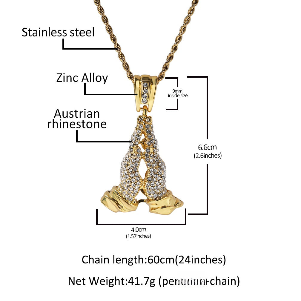 Iced Praying Hands Pendant Necklace with Twisted Rope Chain for Women and Men product image