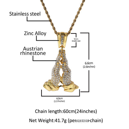 Iced Praying Hands Pendant Necklace with Twisted Rope Chain for Women and Men