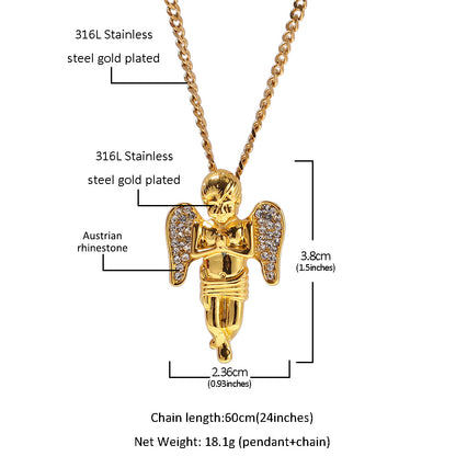 Iced Angel Pendant Necklace with 60cm Stainless Steel Cuban Chain for Women & Men