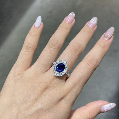 Oval Lab-Grown Sapphire Halo Ring, Blue Statement Ring, S925 Style