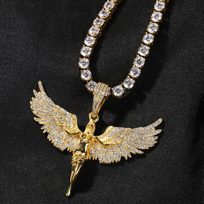 Iced Wing Angel Pendant Necklace with Twisted Rope Chain for Women and Men