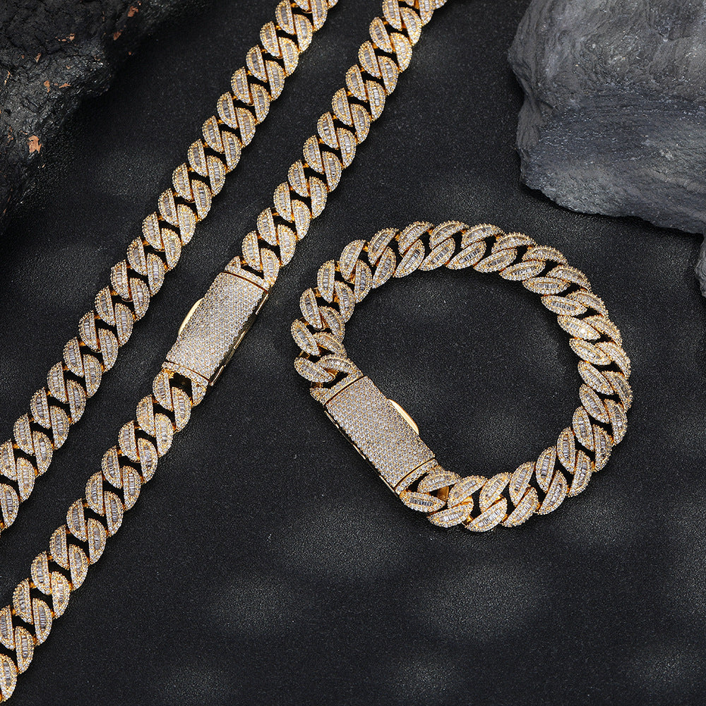 12mm Iced Out Cuban Link Chain Necklace & Bracelet, Unisex Hip Hop Jewelry