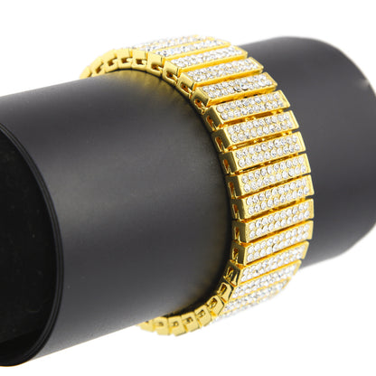Unisex Gold Tone Iced Out Bracelet - Statement Rhinestone Line Cuff Bangle