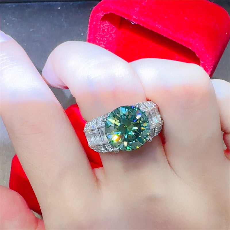 5 Carat Green Moissanite Ring for Women, Round Halo Engagement Ring with Baguette Side Stones, Floral-Inspired Promise Wedding Ring product image