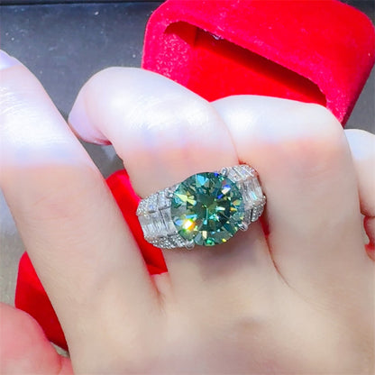 5 Carat Green Moissanite Ring for Women, Round Halo Engagement Ring with Baguette Side Stones, Floral-Inspired Promise Wedding Ring