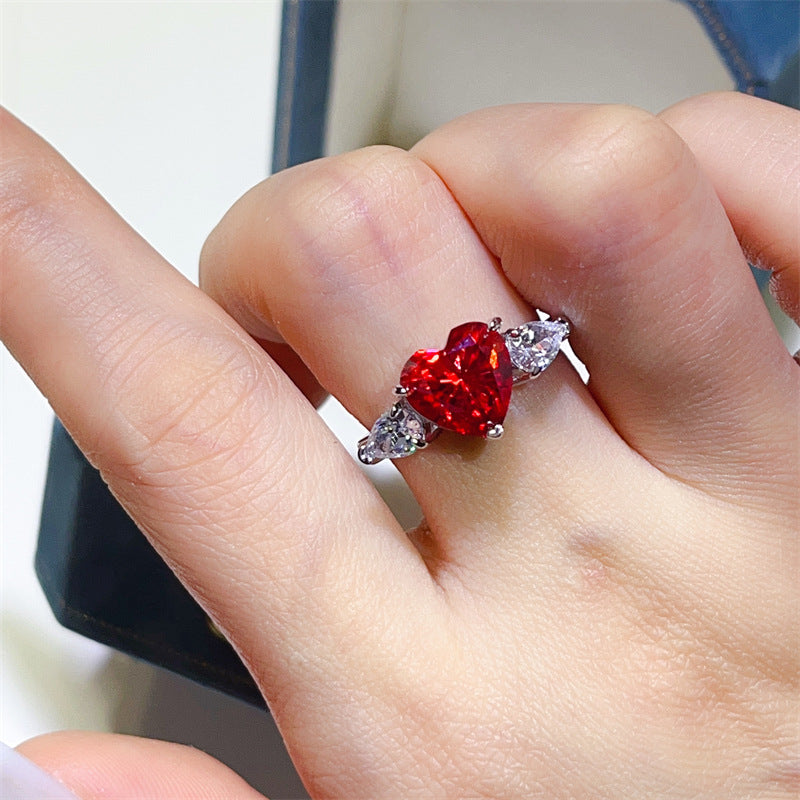 Red Heart Moissanite Ring for Women, Three-Stone Heart Cut Engagement Ring, 1 Carat 2 Carat 3 Carat Promise Ring product image