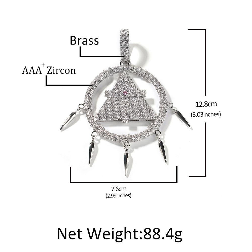 Iced Out Geometric Triangle Circle Pendant Necklace with CZ Stones, Silvery Hip Hop Twist Chain 24 Inch, Small & Large Size Options