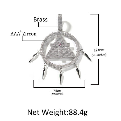 Iced Out Geometric Triangle Circle Pendant Necklace with CZ Stones, Silvery Hip Hop Twist Chain 24 Inch, Small & Large Size Options