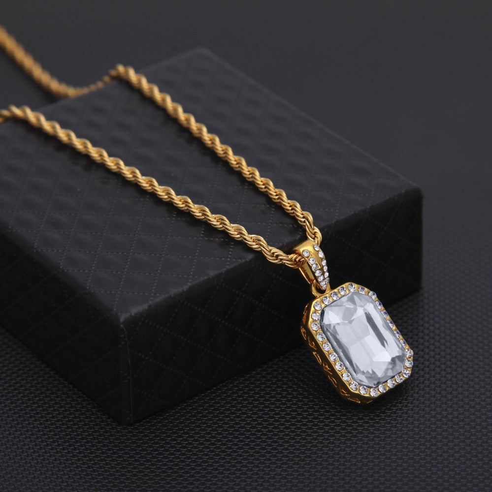 Men’s Iced Gemstone Pendant Necklace with Cuban or Rope Chain, Gold Tone & Silver Tone Crystal Statement Jewelry