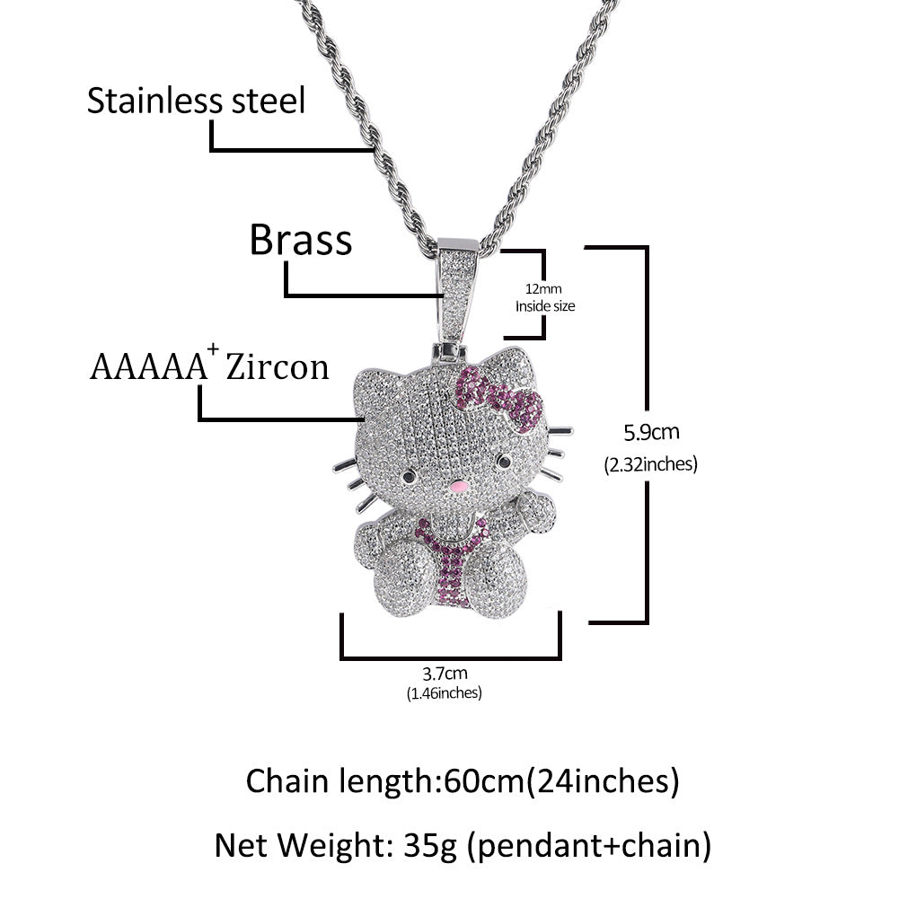 Cute Cat Pendant Necklace for Women with Crystal Detail, Silver Plated or Gold Plated 24 Inch Twisted Chain