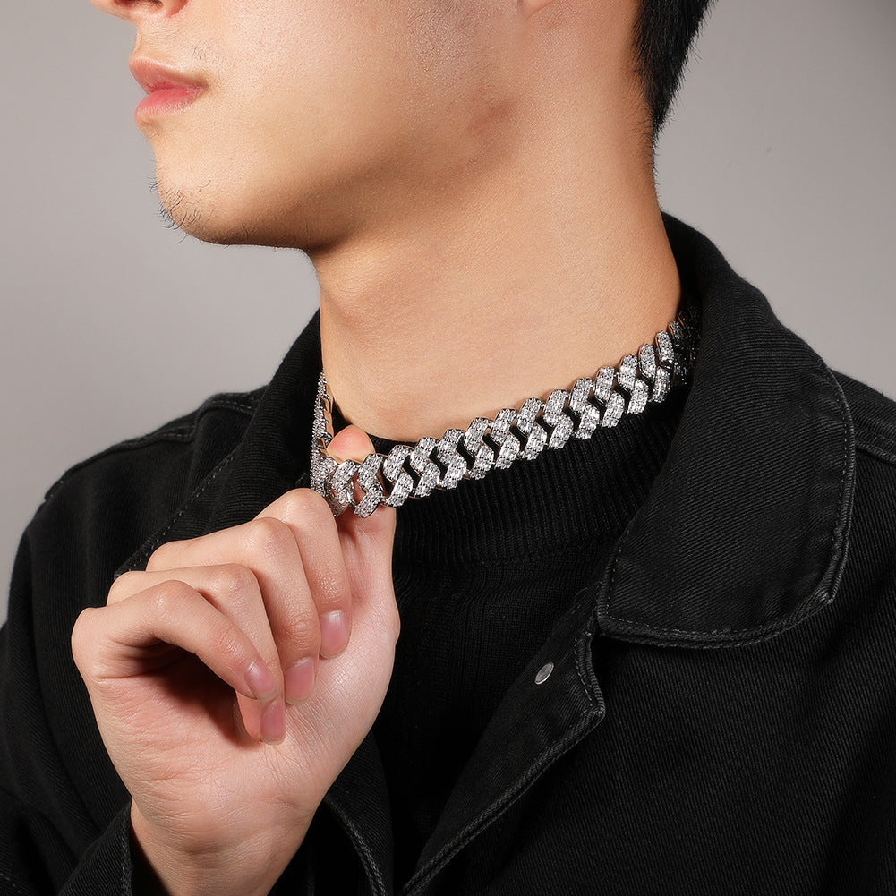 Iced Out Cuban Link Necklace with Triple Row Cubic Zirconia Pendant Chain for Women and Men
