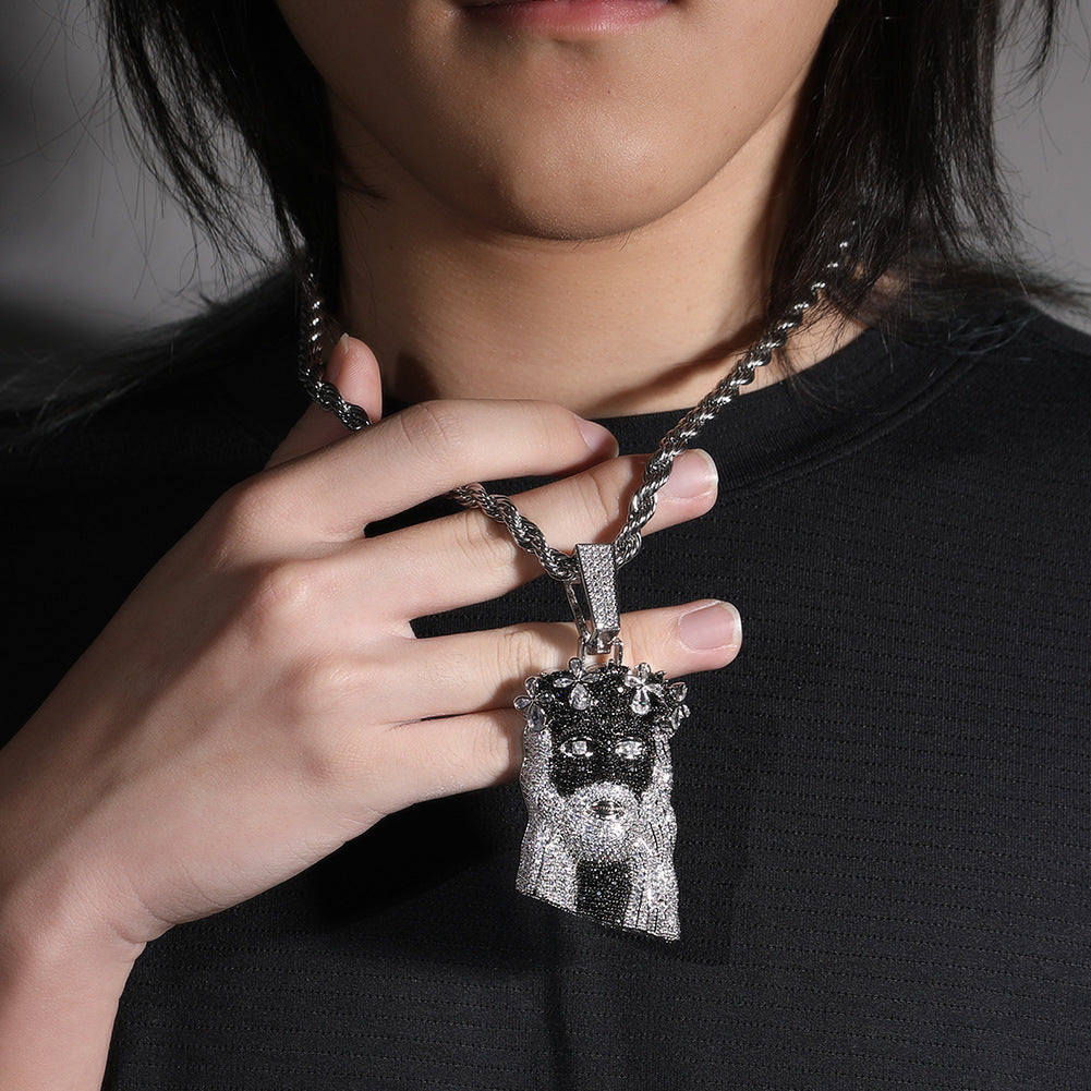 Silver Black Crown Portrait Pendant Necklace with Cubic Zirconia Twisted Chain Statement Jewelry product image