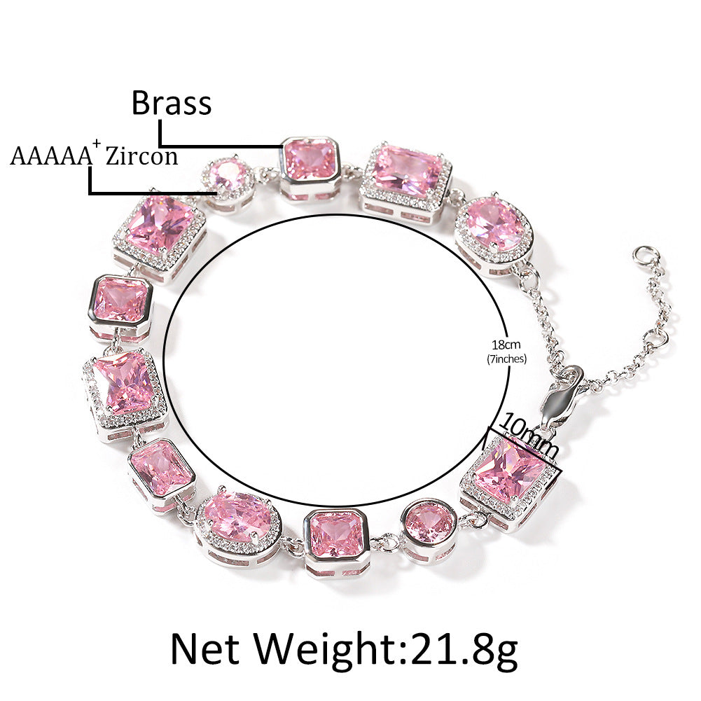 Elegant Pink Cubic Zirconia Link Bracelet for Women in Silver Tone - Round & Square Statement Chain Bracelet
