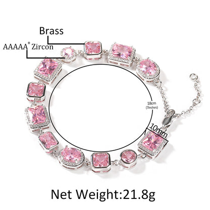 Elegant Pink Cubic Zirconia Link Bracelet for Women in Silver Tone - Round & Square Statement Chain Bracelet