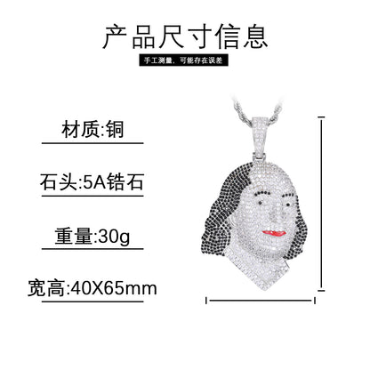 Portrait Face Zircon Hip Hop Pendant Necklace with Rope Chain
