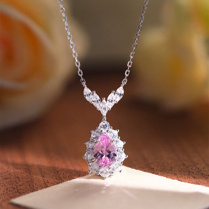 Pink Pear-Cut Pendant Necklace for Women, Leaf-Inspired Collar Chain, Elegant Gift Jewelry