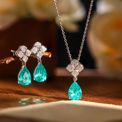 Blue Teardrop Pendant Necklace and Stud Earrings Set, Geometric Sparkle Jewelry