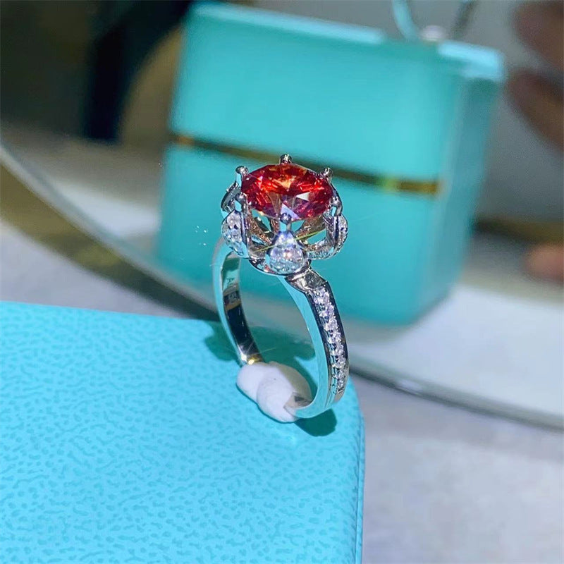 Red Moissanite Halo Ring for Women, Floral Pave Band Statement Ring, Gift Ring Sizes 8-20 product image