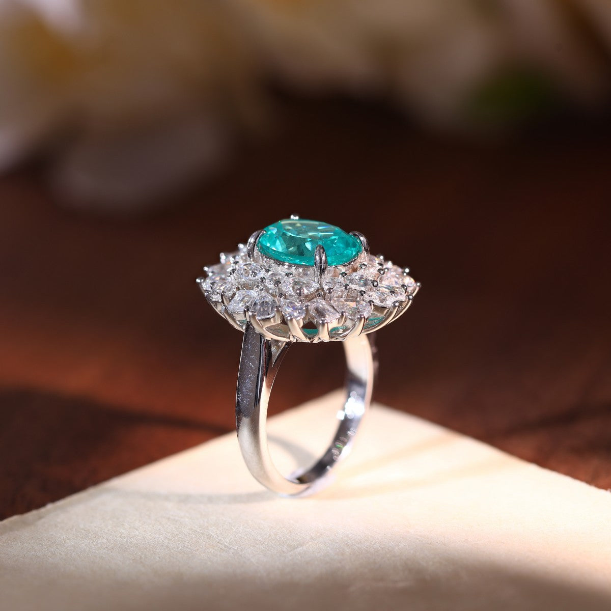 3 Carat Oval Green Blue Halo Ring, Vintage-Inspired Statement Ring for Women product image
