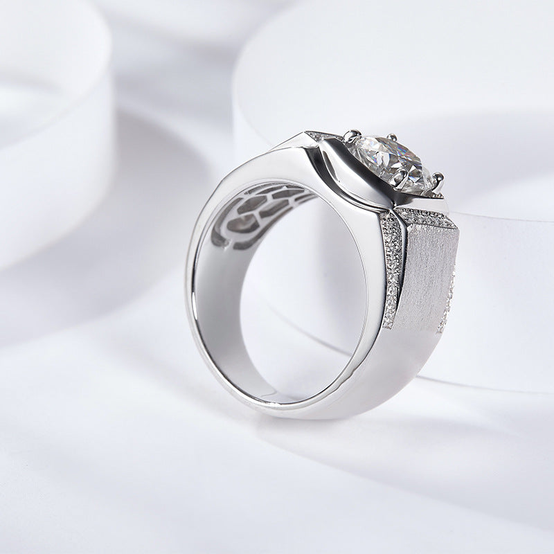 Moissanite Wedding Ring for Men, Wide Brushed Band with Round Center Stone product image