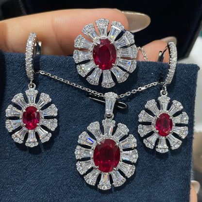 Ruby Red Crystal Flower Jewelry Set for Women, Necklace Earrings Ring