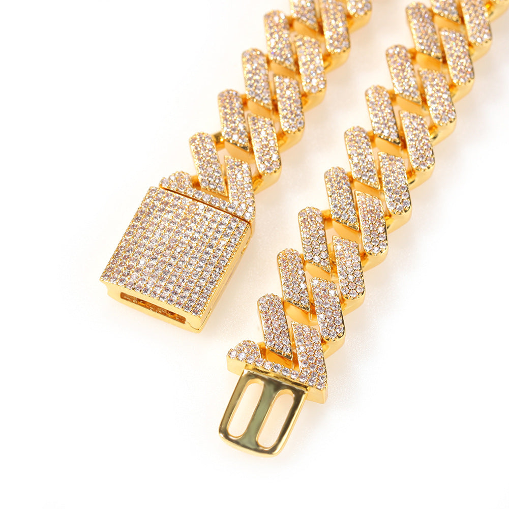 Unisex Iced Out Cuban Link Chain Necklace & Bracelet Set with Cubic Zirconia, Gold Plated or Silver Plated Statement Jewelry