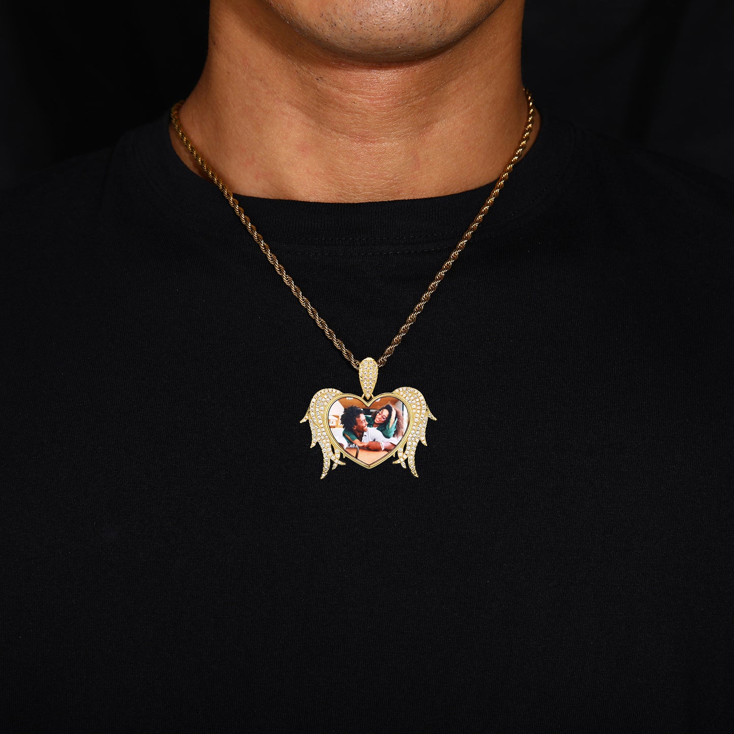 Custom Photo Heart Wing Pendant Necklace in Silver Tone with Rope Chain product image