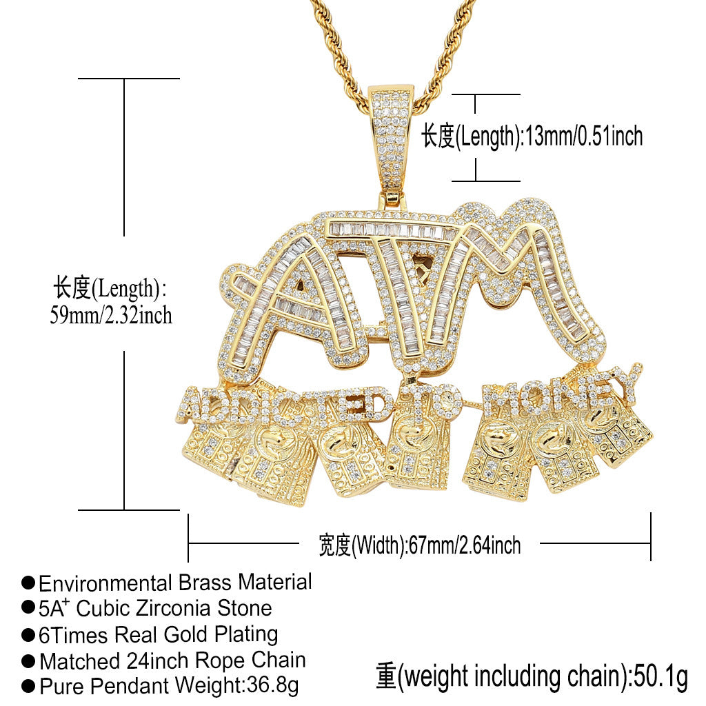 Hip Hop Letter Dollar Cubic Zirconia Pendant Necklace for Men and Women