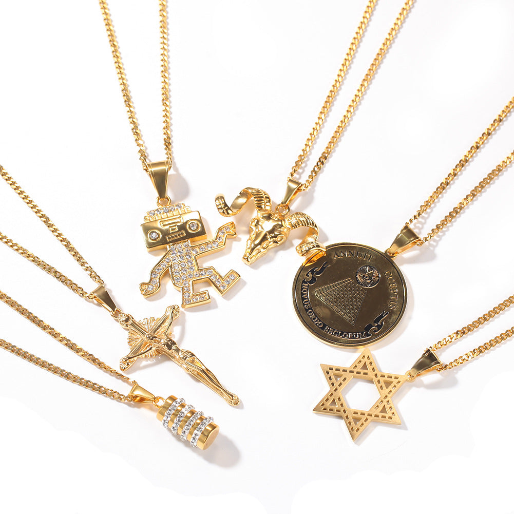 Gold Plated Dancing Robot Pendant Necklace with Cuban or Twist Chain - Trendy Stainless Steel Statement Jewelry